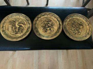 Set Of 3 Vintage Embossed Brass Wall Plates Made In England
