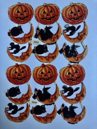 Halloween German Diecut Scrap Section Witch Black Cat Jol Owl Moon Antique 20’s