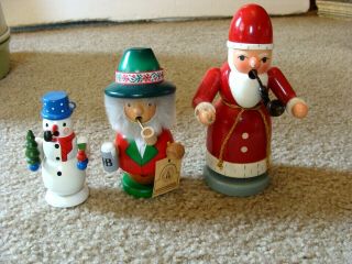 Three Vintage German Incense Smokers Erzgebirge Wood Santa Snowman Drinker