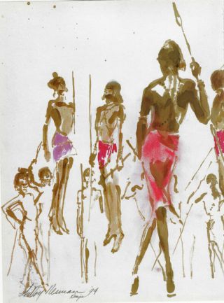 Leroy Neiman Book Print " Masai Warriors " Bare Chests & Legs Holding Spears