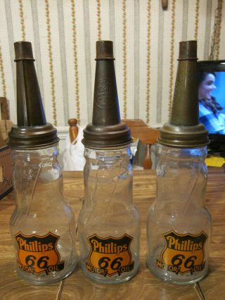 Vintage - Style 1 Quart Glass Phillips 66 Oil Bottle W/metal Top & Spout Set Of 3