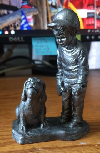 Vintage Michael Ricker Rb Pewter Dog And Boy Figurine
