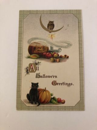 Vintage Embossed Halloween Postcard 1912 Owl Pumpkins,  Black Cat And Candle