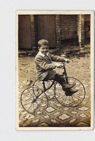 Rppc Real Photo Postcard Young Boy Early Tricycle Rug George Booth