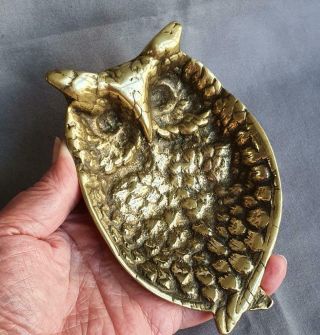 Vintage Heavy Solid Brass Owl Trinket Dish / Pin Tray Made In England Peerage