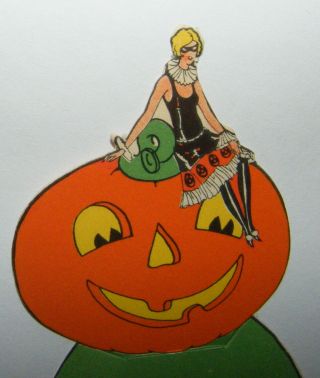 Vtg 20s Art Deco Diecut Halloween Placecard Flapper Girl & Jol Pumpkin Whitney?