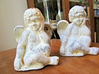 Vintage Cast Iron Cherub Angels In A Sitting Position,  5 " Tall & White Washed