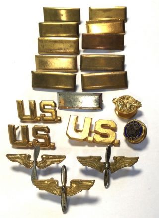 19 Authentic Wwii Us Army Air Corps Officers Uniform Insignia,  Bars,  " U.  S.  " Etc.