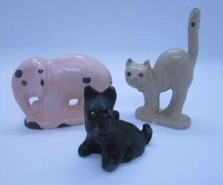 Antique Heavy Metal Set Of Three Animals Elephant,  Cat,  Scottie Dog W/jewel Eyes