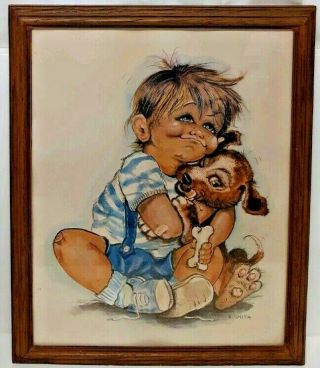 K.  Smith Cute Little Boy Puppy I Love My Dog Vtg 70s Art Print 1979 Litho Blue