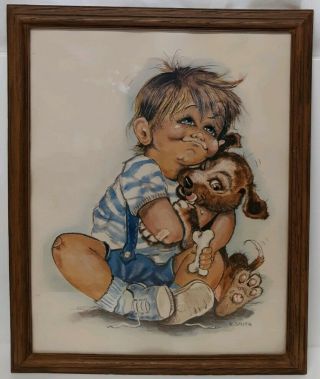 K.  Smith Cute Little Boy Puppy I Love My Dog Vtg 70s Art Print 1979 Litho Blue 2