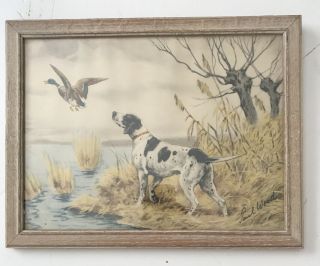 Vintage Paul Wood Print Pointer Hunting Dog Mallard Ducks Framed