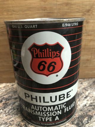 Vintage Phillips 66 Philube Automatic Transmission Fluid 1 Quart Metal Can Full