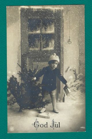 1917 Swedish God Jul Merry Christmas Snowing,  Child,  Package,  Tree Rppc Postcard
