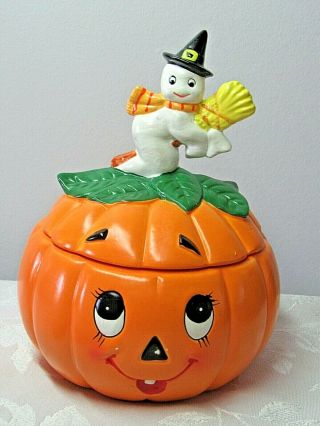 1986 Lefton Ceramic Pumpkin Ghost Halloween Candy Dish