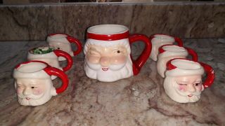 Vtg Christmas Holt Howard Santa Claus Winking Ceramic Mug & 6 Mini Mugs
