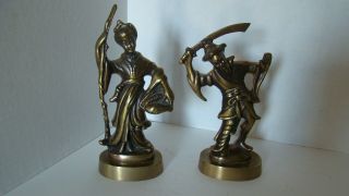 Pair Cast Brass Oriental Figures - Man With Sword,  Woman With Basket Of Fish