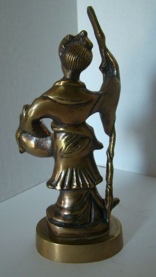 Pair Cast Brass Oriental Figures - Man With Sword,  Woman With Basket Of Fish 3