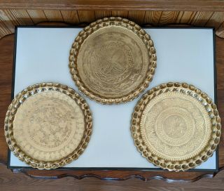 Vtg Three 10.  5 " Round Hammered Brass Wall Hangings/trays With Fluted Edges