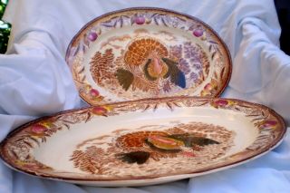 Vintage Transfer Ware Colorful Turkey Platters X - Large And Medium Hand C