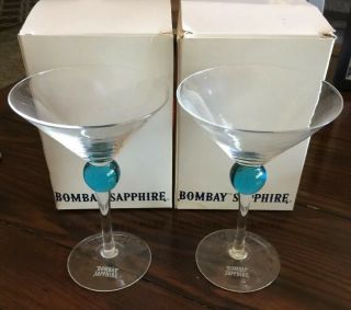 Set Of 2 Bombay Sapphire Gin Martini Glass Blue Ball Stem Cocktail Boxed Nib