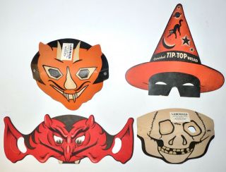 Vintage 1940s Halloween Cardboard Masks Devil Skull Witch Tip - Top Premium Glow