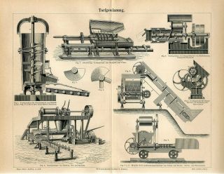 1887 Peat Extraction Machines Equipment Antique Engraving Print
