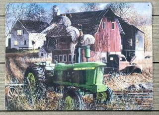 John Deere Sign Farm Scene " Barnyard Tussle " Artist Kevin Daniel Old Stock