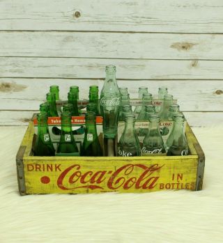 Vintage Yellow Coca Cola Wood Crate Chattanooga Coke And 7up Bottles Bundle