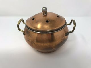 Vintage Solid Copper Bowl Brass Handles With Lid Rolled Edge Old Distressed