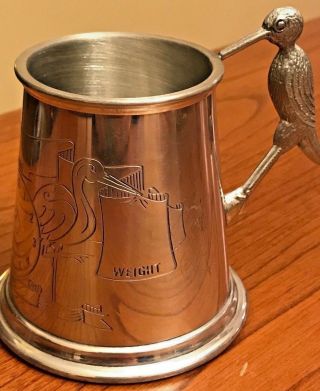 Hand Crafted Pewter Stork - Handled Baby Christening Mug Gift Made In England 3 "
