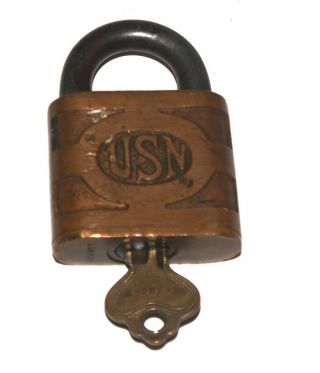 Usn Wwii Military Brass Lock & Key By Ilco Us Navy