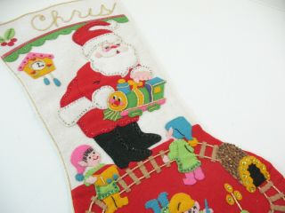 Completed Vintage Christmas Santa Felt Stocking Kit Elf Train Toys Stitchery