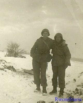 War Buddies Pair Us Infantrymen Posed In Winter Field; Belgium 1944