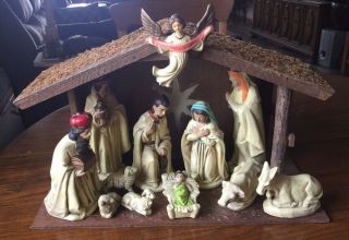 Vintage 12 Piece Nativity Set Plus Wooden Creche