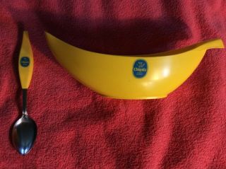 Chiquita Banana Plastic Bowl & Spoons Vintage Yellow Split Ice Cream Breakfast