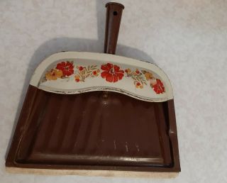 Vintage J.  V.  Reed Metal Dust Pan Brown With White Red Flowers - Made In Usa
