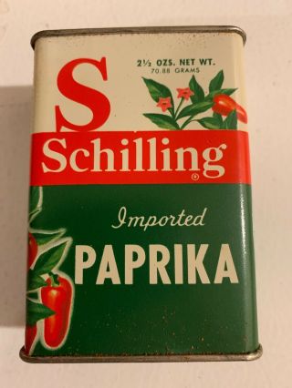 Vintage 2.  5 Oz Schilling Imported Paprika Full Tin Spice Peppers