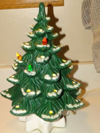 Vintage Ceramic Christmas Tree Light Up Plastic Bulbs 13 " Snow Cap Tips Atlantic