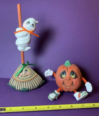 Vintage 1980s Anthropomorphic Pumpkin Broom Ceramic Shelf Sitter Halloween Decor