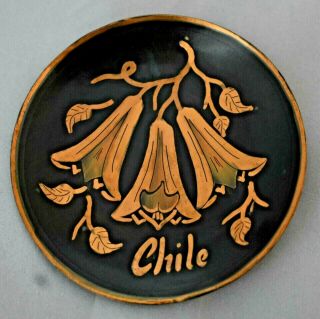 Copper Etched Plate With Flowers Chile Souvenir 3 1/8 Inches Across Hanging Hook
