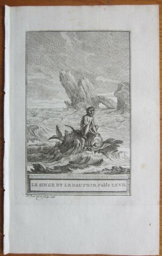 J.  De La Fontaine: Fable Engraving The Monkey And The Dolphin - 1786