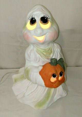 Large 15” Vintage Ceramic Light Up Halloween Ghost With Pumpkin Decor