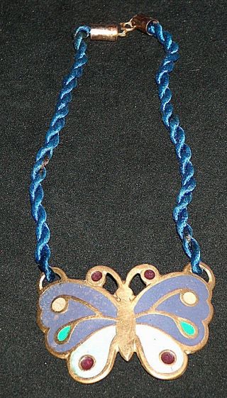 Vintage Hand Painted 2 1/2 " Brass Butterfly Small 12 " Necklace Made In India