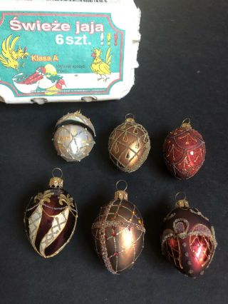 Set Of 6 Faberge Inspired Decorated Egg Ornaments Polish Blown Glass Holiday