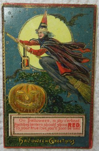 Halloween Vintage Postcard - Witch On Broomstick - Pumpkin Lightly Embossed 1910
