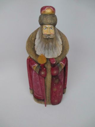 Kf8240 9.  5 " Tall Wood Ukraine / Russian Kukun Hand Carved Santa With Staff