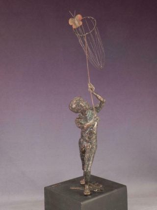 Vintage 1969 Mcm Art Sculpture Signed C.  Jere Bronze Boy Chasing Butterfly