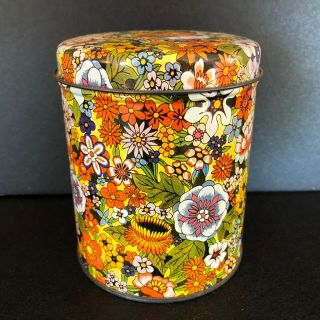 Vintage Floral Chintz Tin Small Cylindrical 4.  5” Tall