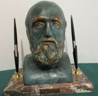 Unique Desk Set: Brass Bust Of Hippocrates On A Marble Base With Parker Pens